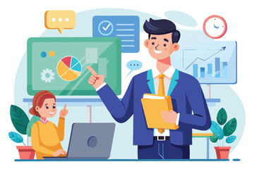 Fototapete - Professional business meeting with a man and a girl discussing data analysis and presentation in a bright office environment