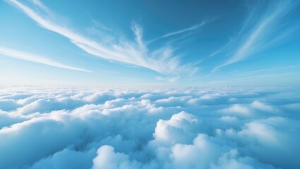 Wall Mural - Soft azure sky background adorned with fluffy white clouds and sweeping wind designs across a wide space