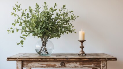 Poster - Conventional wall mockup showcasing a candle and greenery in a vase atop a wooden table against a neutral backdrop.