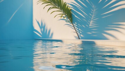 Poster - Pool podium with rippled pattern and sunlight on wall texture of water, shadows from palm leaves