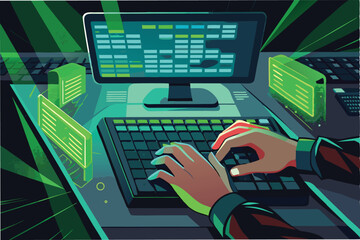Poster - Hands typing on keyboard in a neon-lit digital workspace showcasing coding and data processing at night