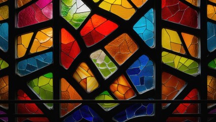 Poster - Stock photograph - colorful stained glass window with warm tones arranged in a kaleidoscope style, square layout