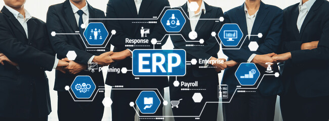 Poster - A group of business professionals engaged in collaboration on ERP strategies symbolizes teamwork in enhancing workflow and resource management in a modern office setting. Amity