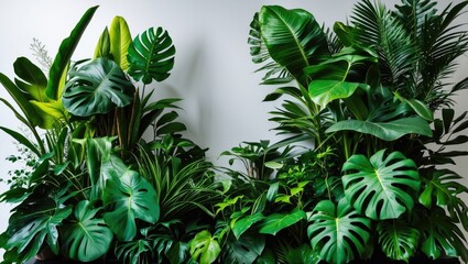 Wall Mural - floral arrangement of tropical leaves and foliage plants with a nature backdrop, isolated on backgro