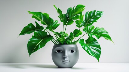 Wall Mural - leafy green plant placed in a gray container with a white background