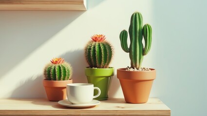 Poster - Cute little cactus plants in lovely pots on wooden shelves with available space. Minimalist style interior design.