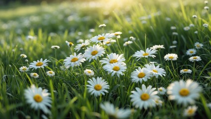 Wall Mural - meadow filled with blooming wild daisies and white chamomile against lush green grass.