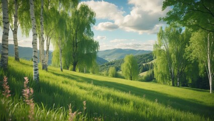 Wall Mural - Sunny day with birch trees on a grassy slope. Summer mountainous landscape. Sky filled with clouds. Dappled light over countryside scenery.