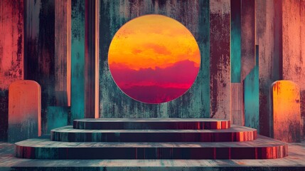 Poster - Colorful, abstract architectural structure with a sunset view.