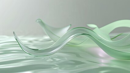 Poster - Artistic glass sculpture flowing gently over a serene water surface in soft natural light