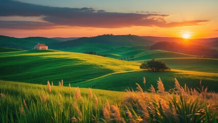 Wall Mural - Countryside evening view with sunset illuminating green hills, an old castle farm, and mountains