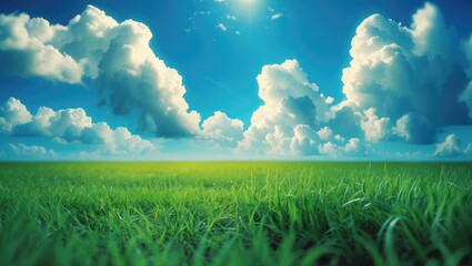 Wall Mural - In the summertime, green grass and a blue sky filled with white clouds are present.
