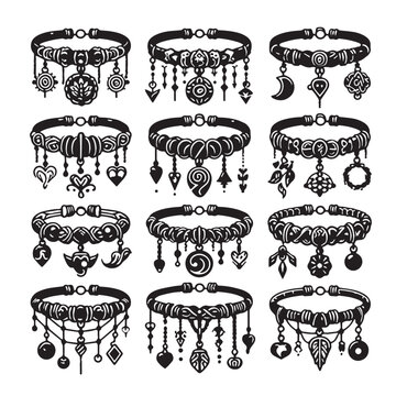 Black Color Charm Bracelet Silhouette Vector Illustration, Solid White Background. minimal vector design