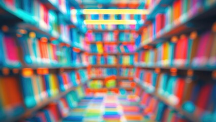 Poster - Hazy abstract background featuring book shelves in a library.