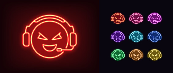 Poster - Outline neon gamer emoji icon. Glowing neon esports gamer with headset, cybersport commentator. Player emoticon in headphones, video game geek, esports sportscaster, gaming match. Vector icon set
