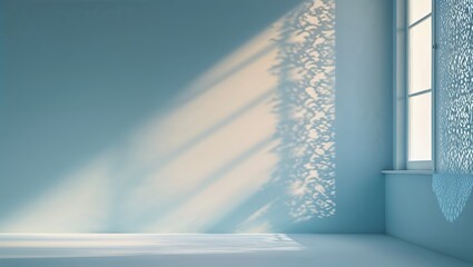 Poster - Soft light casts intricate shadows in a serene blue interior during midday hours