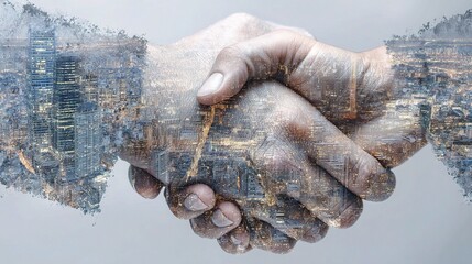 Poster - 3D Financial Handshake Concept with Integrated Cityscape Icons