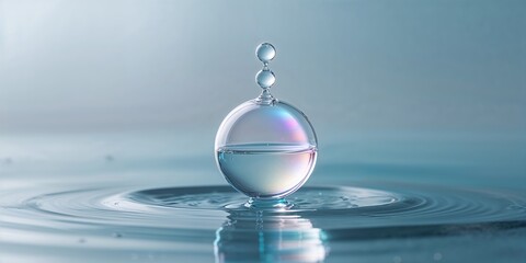 Poster - Water droplets create mesmerizing reflections and ripples in a calm blue atmosphere during morning light