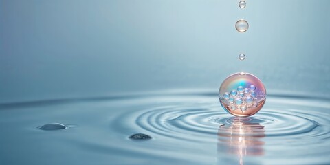 Poster - Stunning close-up of a water droplet creating ripples on a calm surface at sunset
