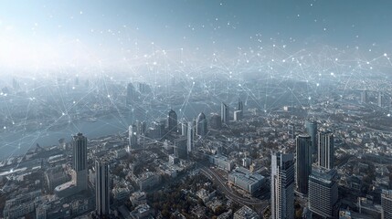Poster - Aerial City View with Digital Network Connections Above Urban Landscape