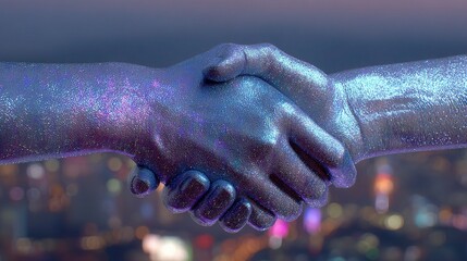 Poster - Holographic Handshake with Shimmering Candlesticks in Background