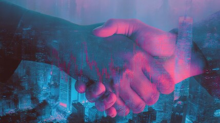 Poster - Digital Handshake with Neon Overlay and Forex Candlestick Patterns