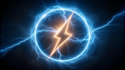Lightning sign on futuristic background. Bright, shiny lightning icon for web design. Realistic lightning. Charge logo sign. Strength and power emblem. Colored electricity sign