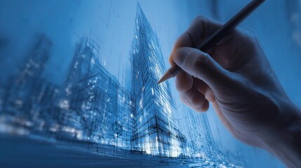 Poster - Architectural Sketch of a Futuristic Skyscraper in an Urban Setting
