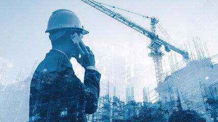 Poster - Businessman on Construction Site with Crane and Urban Background