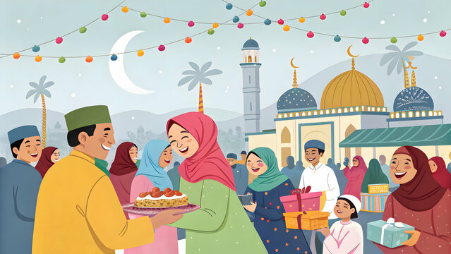 Muslim people celebrate eid mubarak greetings and enjoying 
