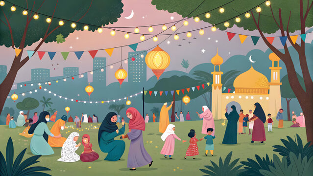 Muslim people celebrate eid mubarak greetings and enjoying 