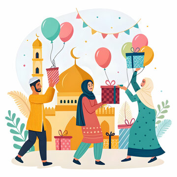 Muslim people celebrate eid mubarak greetings and enjoying 