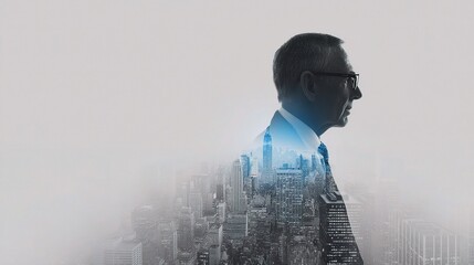 Poster - Businessman Silhouette Against City Skyline with Modern Design