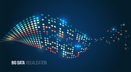 Poster - Abstract visualization of big data in the form of a wave-like flow of colored dots on a dark blue background. Digital data analysis, information technology and modern methods of information processing