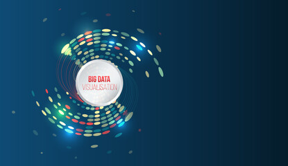 Poster - Data analysis and visual representation of information flows in the modern information environment. Abstract big data visualization with a circular wave of colored dots on a dark blue background.