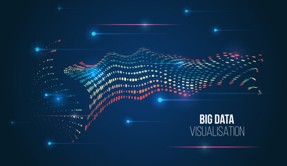 Poster - Abstract information flow, digital transformation, data analysis, high-tech analytical concept. Modern big data visualization with wave of colored dots and binary code on dark blue background.