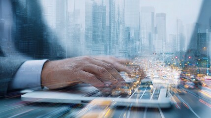 Poster - Analyst Typing on Laptop During Busy City Traffic Overlay