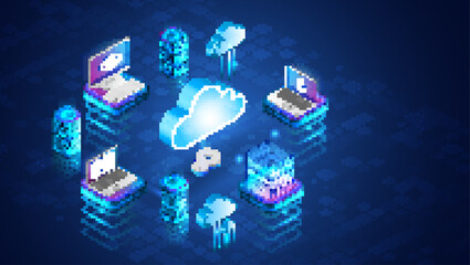 Poster - Isometric design showing secure data exchange between cloud, laptops, servers, and mobile devices. Cloud computing and data protection concept with connected devices.