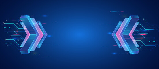 Poster - Futuristic blue technology background with glowing arrows, digital lines, and dotted patterns. Concept of innovation, speed, and high-tech digital communication.