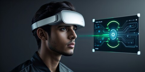 Poster - Man experiences augmented reality with futuristic headset in a dark tech-themed environment
