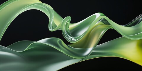 Poster - Curved green and yellow translucent waves creating an abstract composition in a dark background