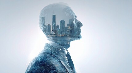 Poster - Futuristic Businessman with Artificial Intelligence and City Background