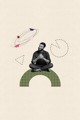 Poster - Creative collage of person sit use phone geometry figure with dotted graphs messy lines in a pastel background