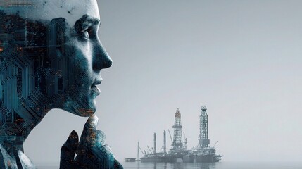 Poster - Futuristic Human Profile with Offshore Drilling Platforms and Blockchain Motif