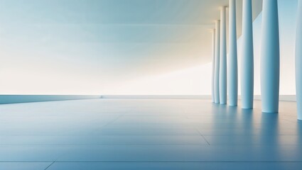 Poster - Contemporary architectural space with minimalistic design featuring tall white columns and natural light flooding in