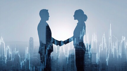 Poster - Male and Female Executives Shaking Hands with Holographic Cityscape
