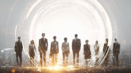 Poster - Diverse Team Members in Circular Layout Against Urban Background