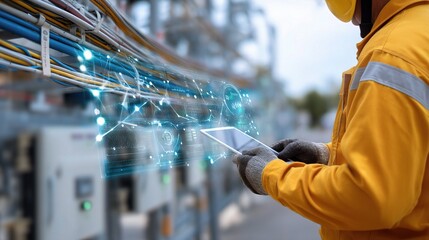 Poster - Professional Worker Inspecting Energy Grid Dashboard with Technology