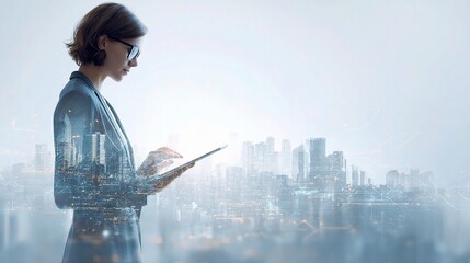 Poster - Businesswoman Using Tablet in Layered Holographic Urban Scene