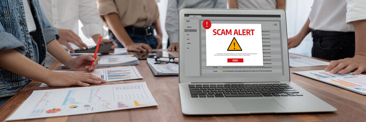 Poster - Cyber security software show alert of cyber attack for protection brisk. Danger from virus, phishing and cyber fraud.